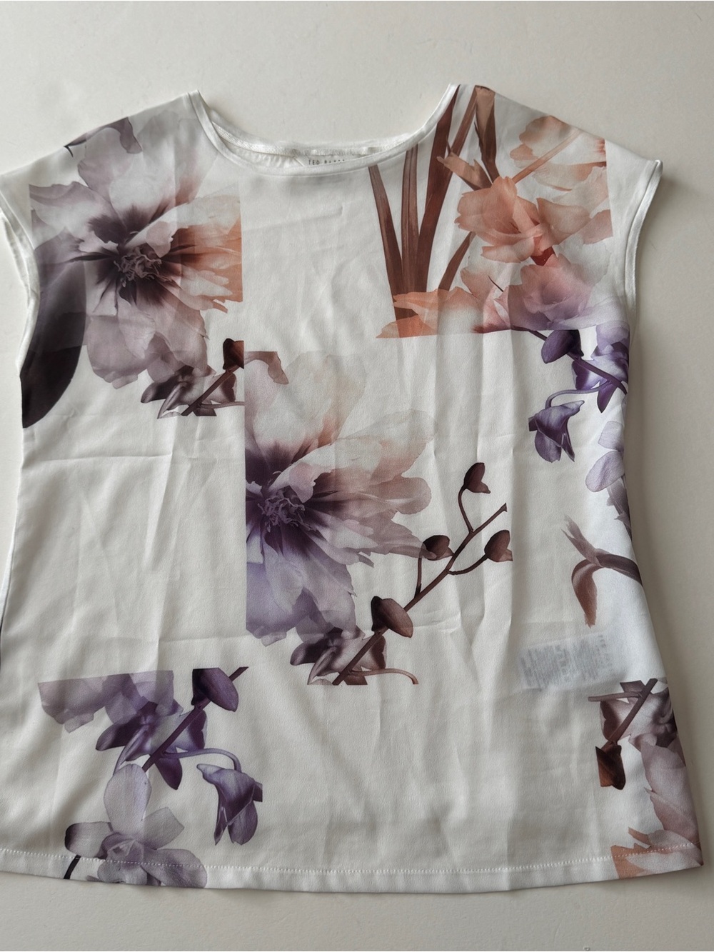 Ted Baker London White Floral Short Sleeve Top with Lavender and Taupe Accents